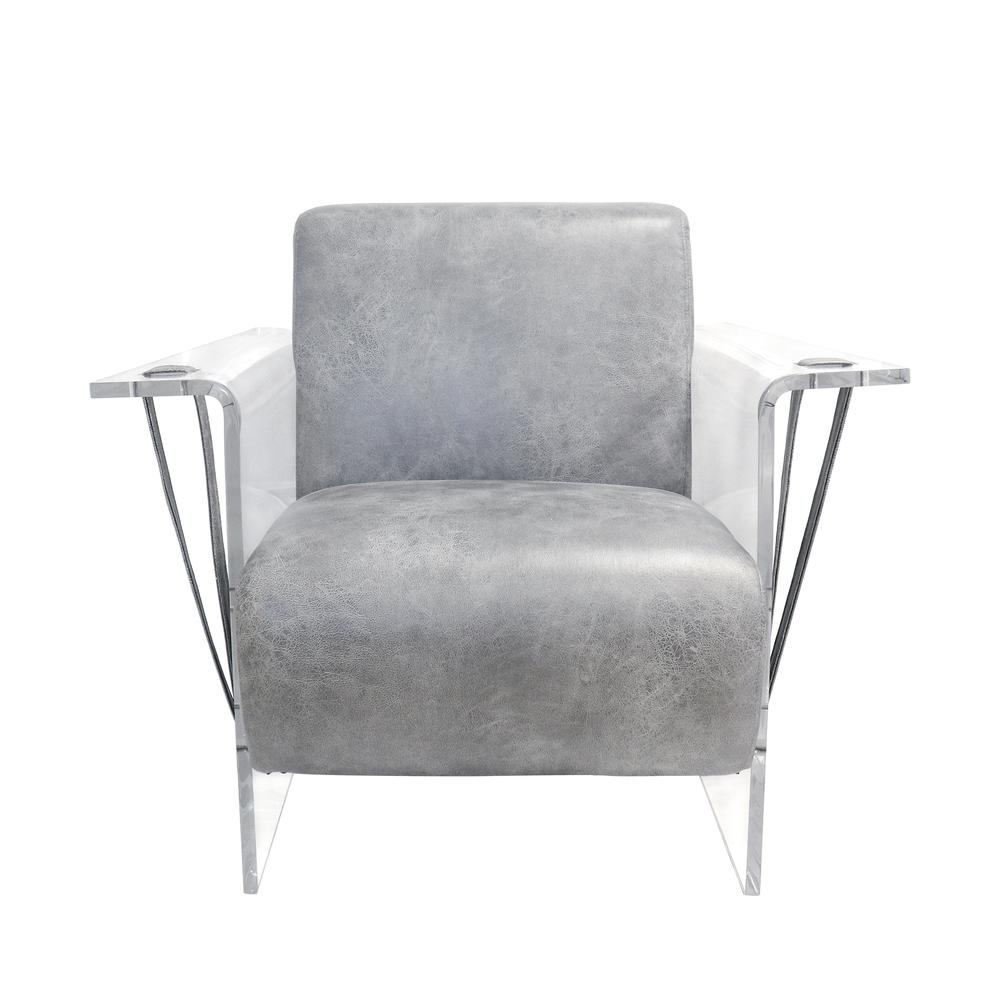 Pasargad Home Eleganza Modern Faux Leather Lucite Base Armchair, Grey - CHAIR-2126. Picture 2