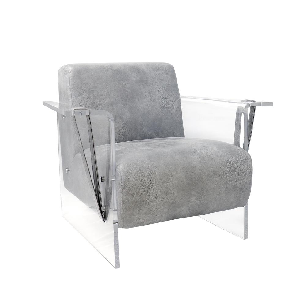 Pasargad Home Eleganza Modern Faux Leather Lucite Base Armchair, Grey - CHAIR-2126. Picture 3