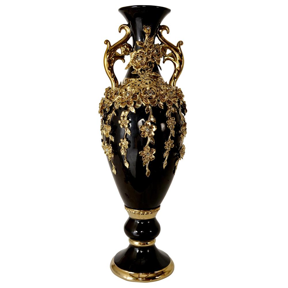 Black and Gold Floret Jeweled Stunning Vase 35 Inches Tall. Picture 1