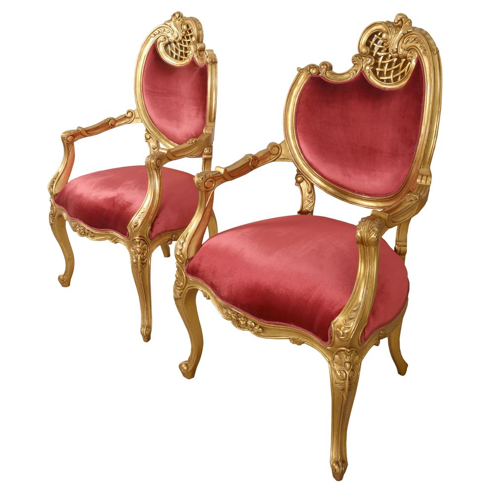 Red Pair of French Rococo Fireside Chairs. Picture 1