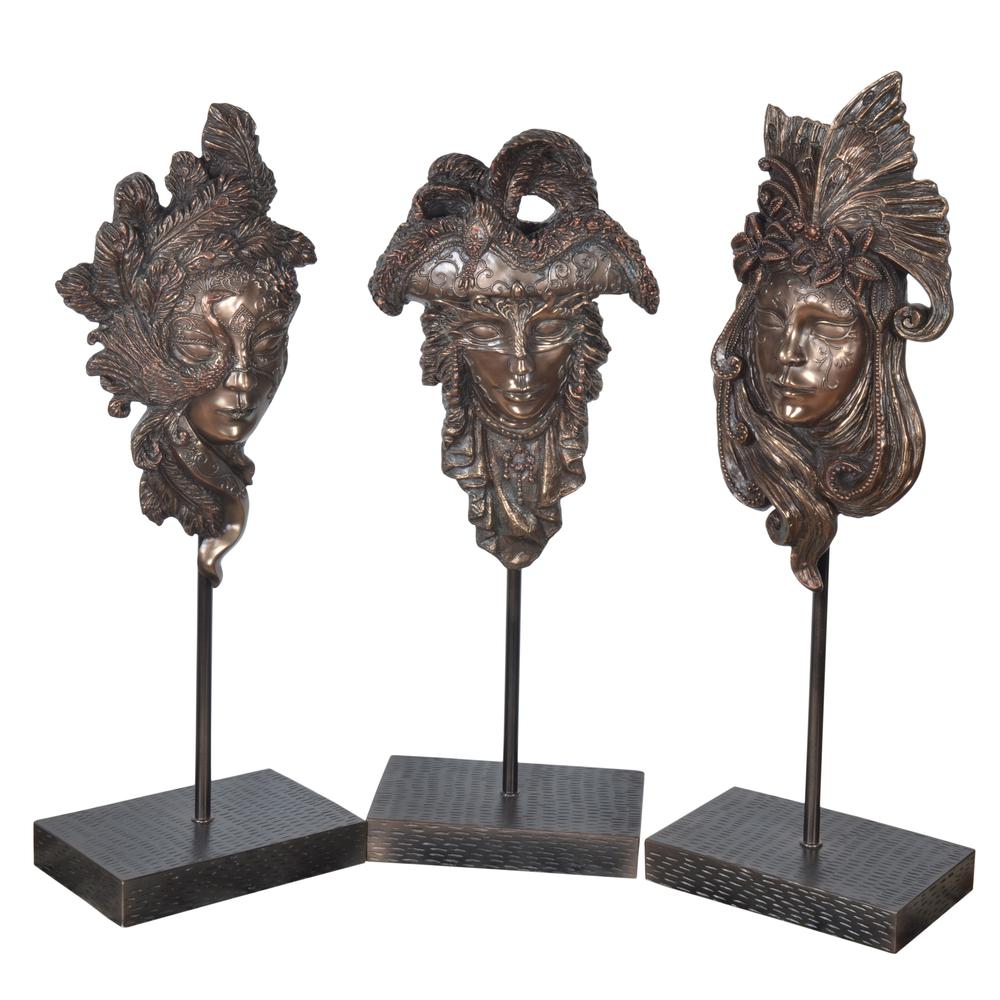 Bronzed  Masks On Stand   Set of 3. Picture 1