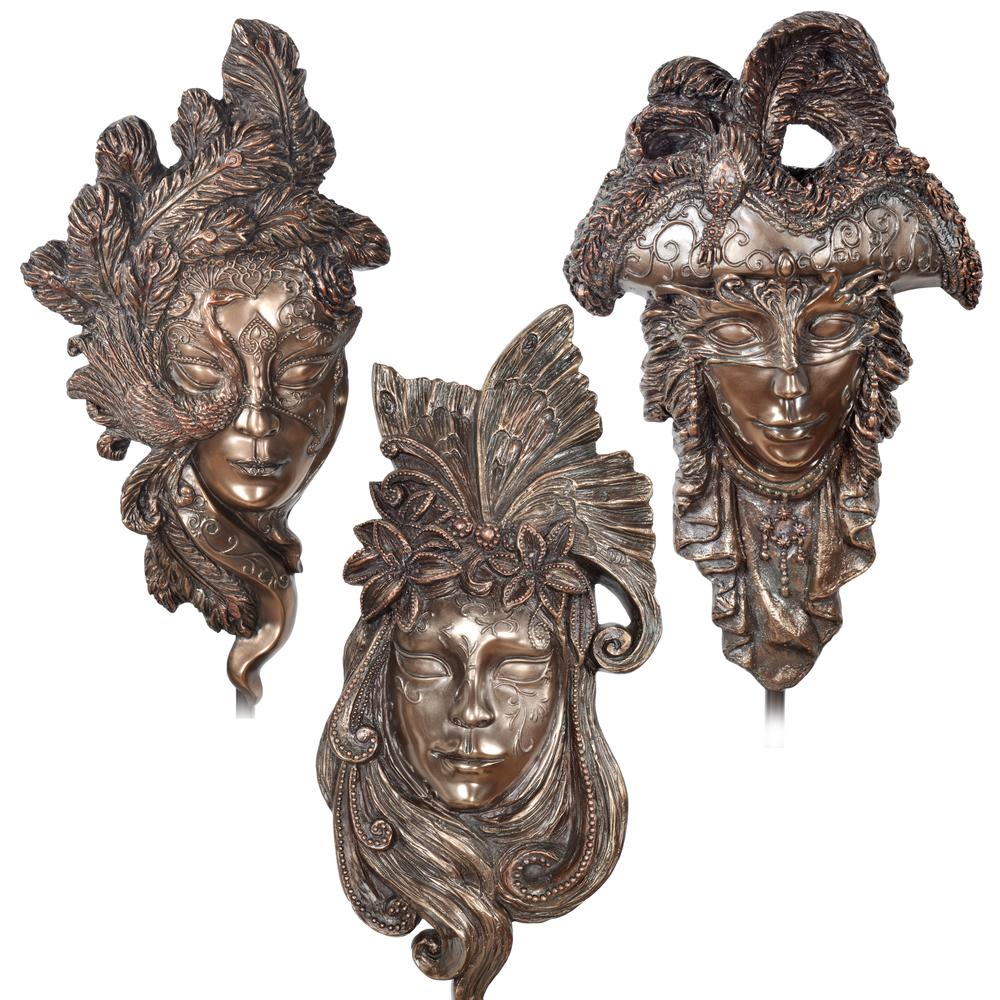 Bronzed  Masks On Stand   Set of 3. Picture 2