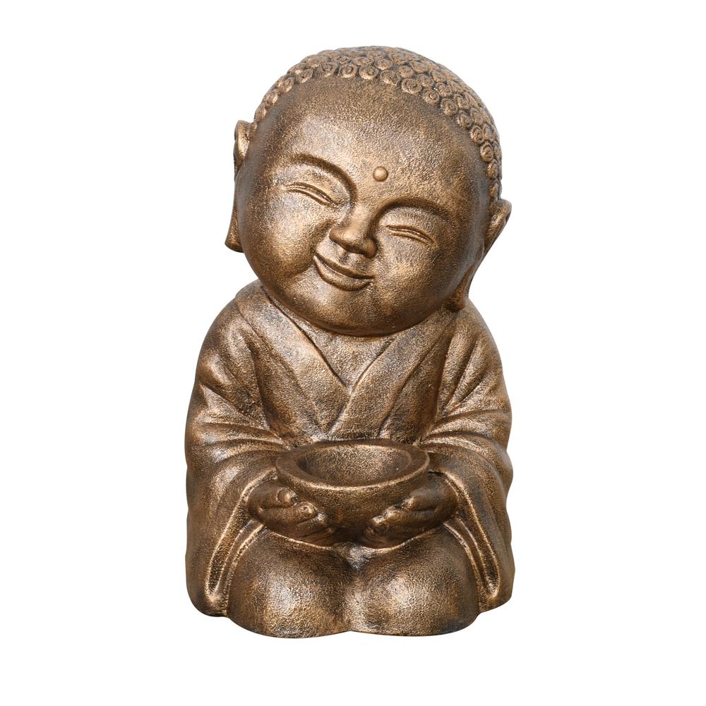 Sitting Monk With Bowl Glossy Black Gold. Picture 1