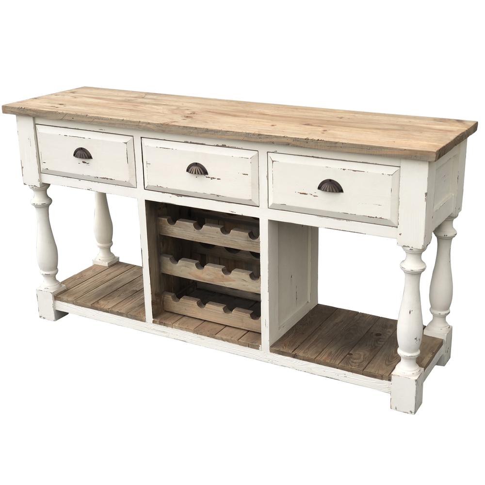 Farmhouse Console Wine Rack White Chalk Finish and Natural Top. Picture 1