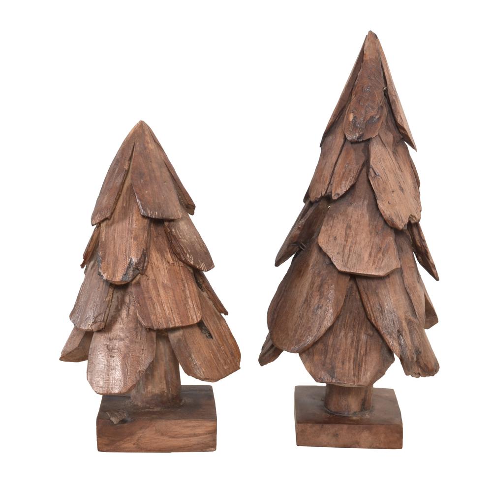 Teak Wood Pine Tree in a Stand Set of 2. Picture 2