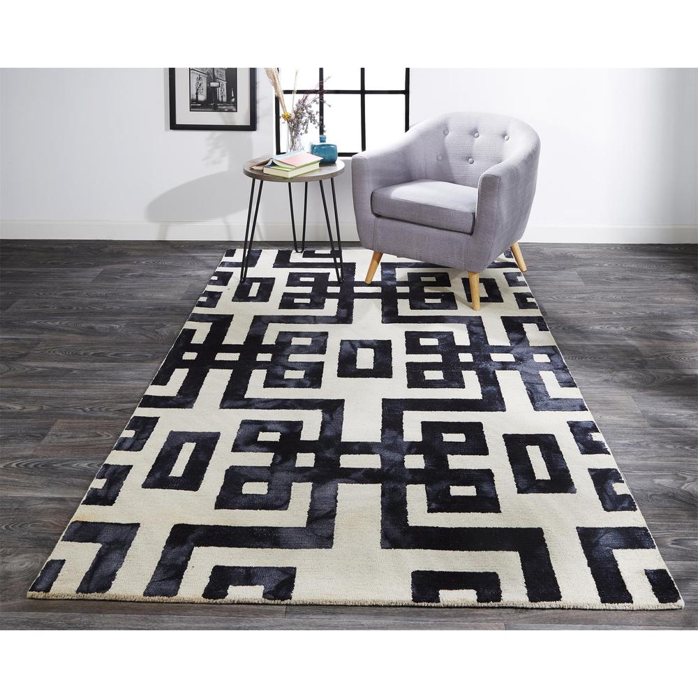Lorrain Tufted Greek Key Wool Rug, Noir Black, 3ft - 6in x 5ft - 6in Accent Rug, 6108568FNOR000C50. Picture 1