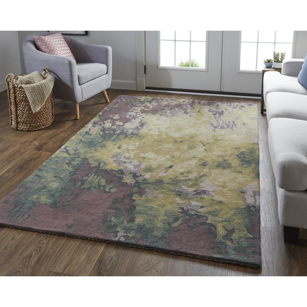 Amira Modern Watercolor Rug, Eggplant/Lodon Green/Gold, 5ft x 8ft Area Rug, AMI8633FPURGRNE10. Picture 1