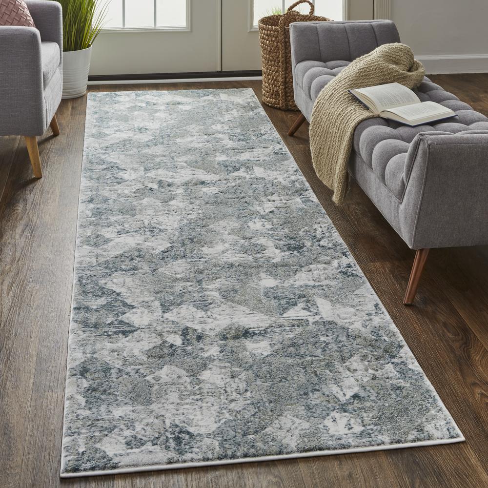 Atwell Contemporary Distressed Rug, Squares, Iceberg Green, 3ft x 8ft, Runner, ATL3868FGRNMLTI38. Picture 1