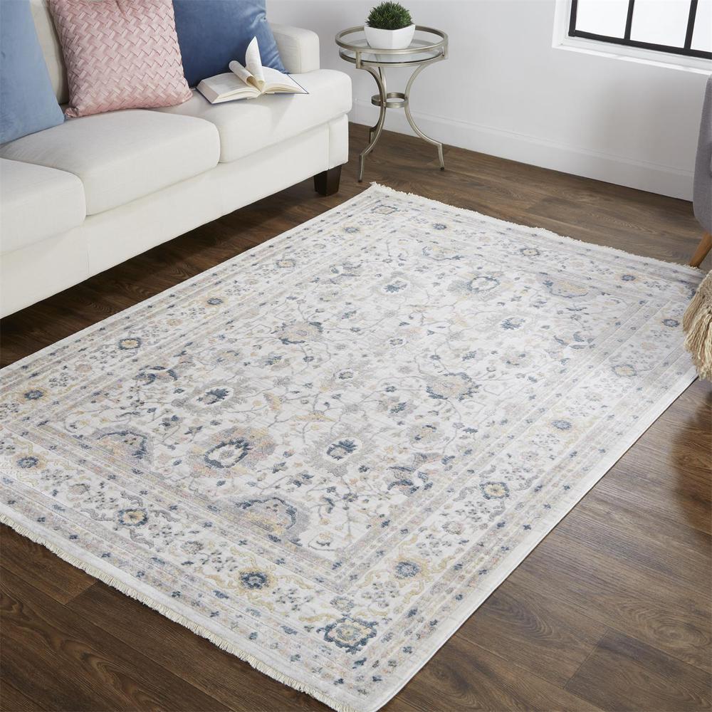 Kyra Geometric Floral Rug, Ivory/Indigo/Gold, 3ft - 6in x 5ft - 6in Accent Rug, KYR3854FGRYBLUC50. Picture 1