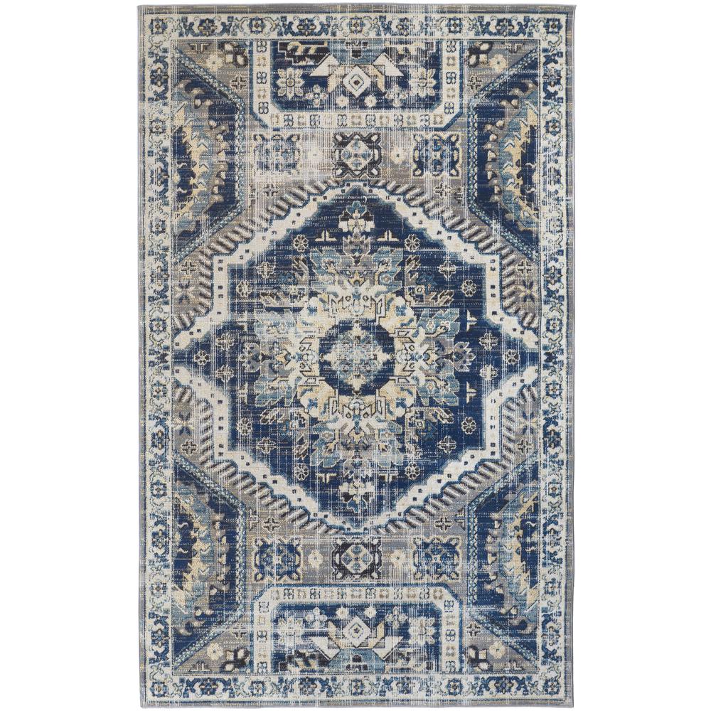 Nolan Vinatge Style Tribal Kazak Rug, Classic Blue/Opal Gray, 4ft-3in x 6ft-3in, NOL39CDFGRYBLUE10. Picture 2