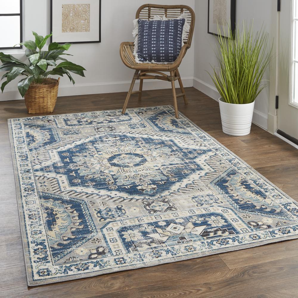 Nolan Vinatge Style Tribal Kazak Rug, Classic Blue/Opal Gray, 4ft-3in x 6ft-3in, NOL39CDFGRYBLUE10. The main picture.