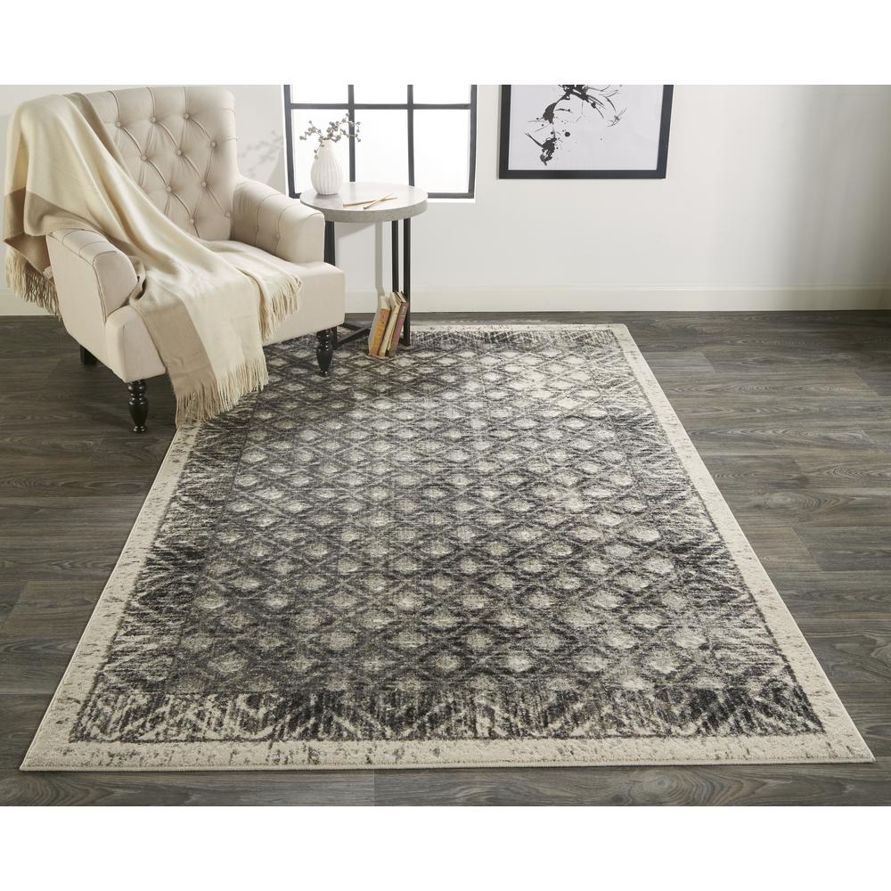 Kano Distressed Ornamental Accent Rug, Diamonds, Black/Ivory, 4ft-3in x 6ft-3in, 8643875FGRYCHLC16. The main picture.