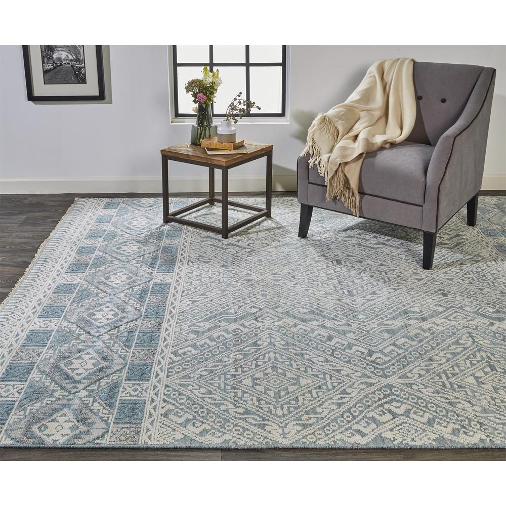 Payton Geometric Tribal Rug, Aqua Blue/Ivory/Gray, 2ft - 6in x 10ft, Runner, 9806495FGRYBLUI10. Picture 1