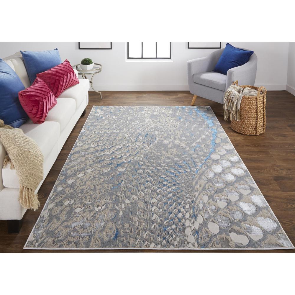 Azure Abstract Feather Rug, Teal/Gray/Silver, 5ft x 8ft Area Rug, AZR3403FBLUSLVE10. Picture 1