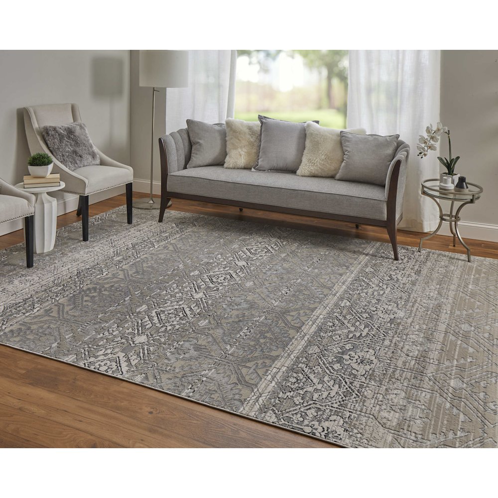 Macklaine Transitional Distressed, Ivory/Silver/Black, 12' x 15' Area Rug. Picture 2