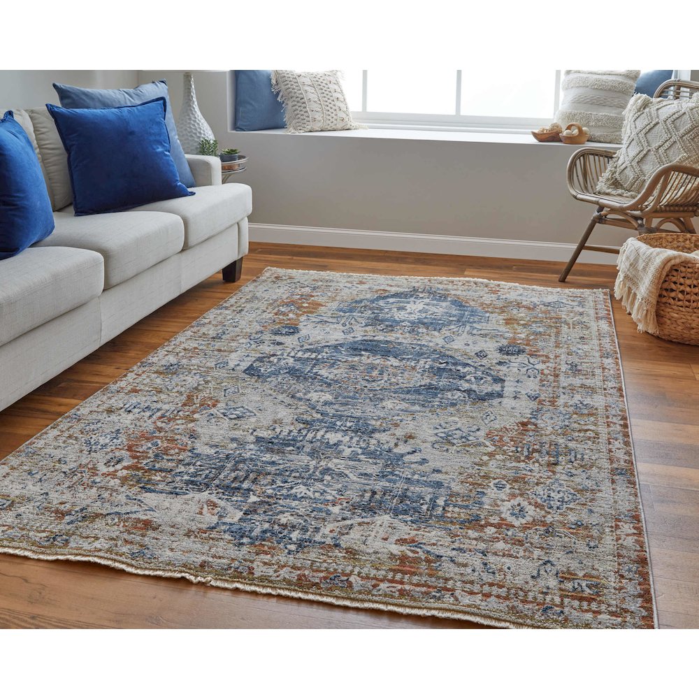 Kaia Transitional Medallion, Ivory/Orange/Blue, 12' x 15' Area Rug. Picture 2