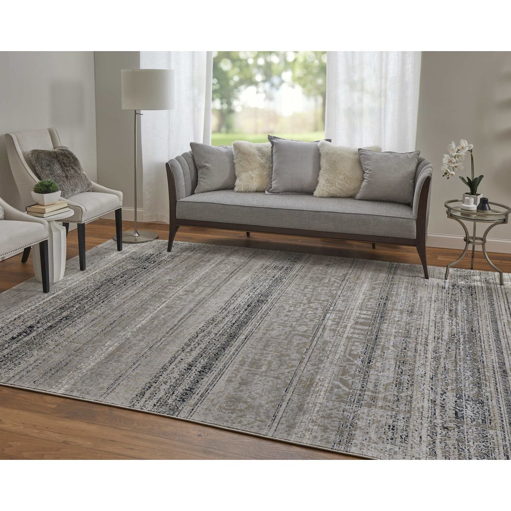 Macklaine Transitional Distressed, Taupe/Black/Ivory, 6'-7" x 9'-6" Area Rug. Picture 2