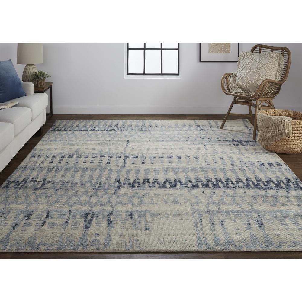 Palomar Hand Knot Abstract Area Rug, Light Beige/Denim Blue, 7x9in x 9x9in, PAL6631FBLU000F99. Picture 1