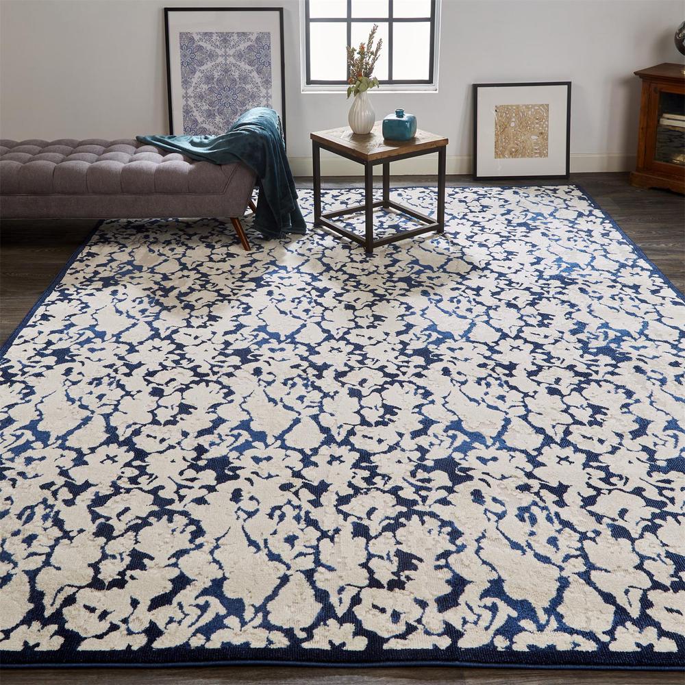 Remmy Abstract Floral Rug, Ivory/Ink/Deep Blue, 5ft x 8ft Area Rug, RMY3515FIVYBLUE10. Picture 1