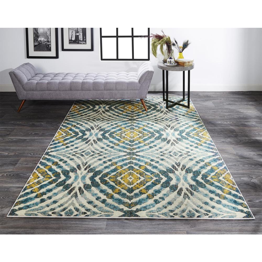 Keats Abstract Ikat Print Rug, Teal Blue/Golden, 6ft - 7in x 9ft - 6in Area Rug, 6523469FTEL000F05. Picture 1