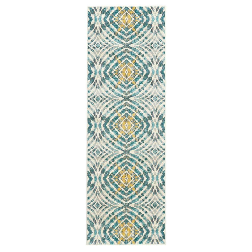 Keats Abstract Ikat Print Rug, Teal Blue/Golden, 2ft - 7in x 8ft, Runner, 6523469FTEL000I7A. Picture 2
