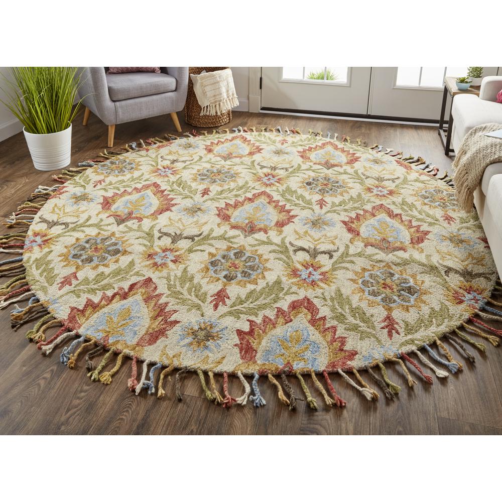 Abelia Hand Tufted Suzani Wool Rug, Golden Olive/Vermillion, 8ft x 8ft Round, 6648675FGOV000N80. Picture 1
