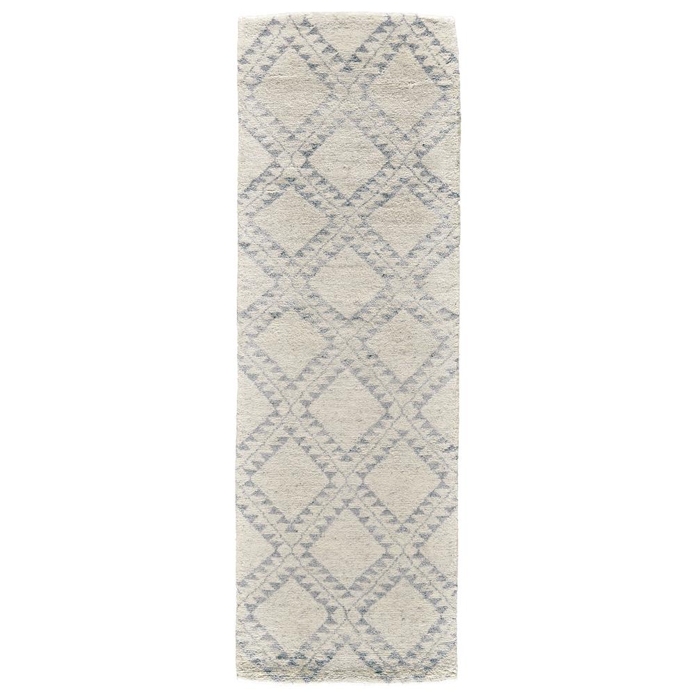 Abytha Diamond Hand Knot Wool Rug, Ivory/Blue/Gray, 2ft-6in x 8ft, Runner, 7316458FICE000I68. Picture 2
