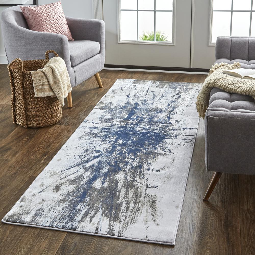 Gaspar Contemorary Abstract Splatter RUnner, SNow White/Ice Blue, 2ft-10in x 8ft, 7873833FWHTGRYI1C. Picture 1
