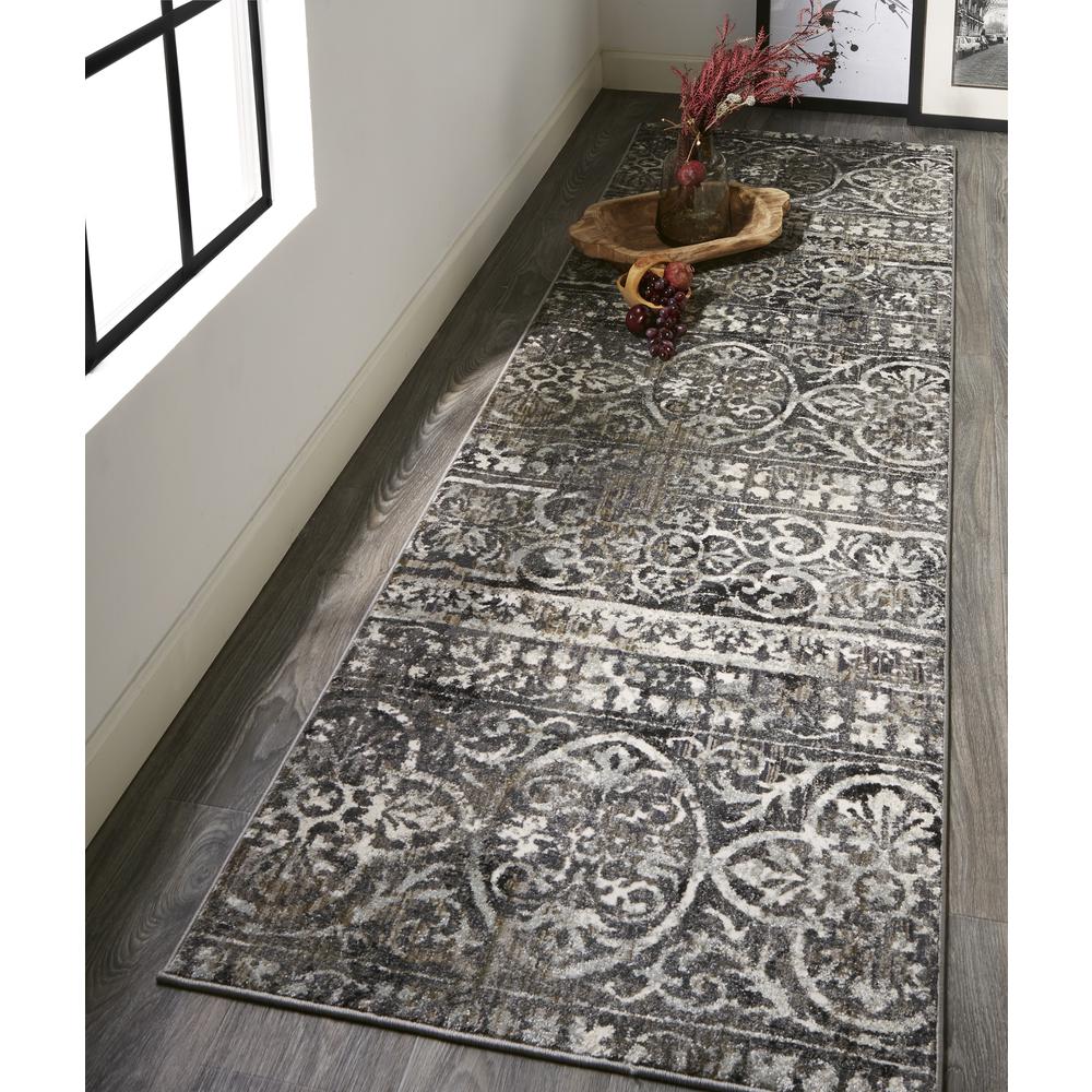 Kano Distressed Geometric FloralRug, Charcoal Gray, 2ft - 7in x 8ft, Runner, 8643871FCHLIVYI7A. Picture 1