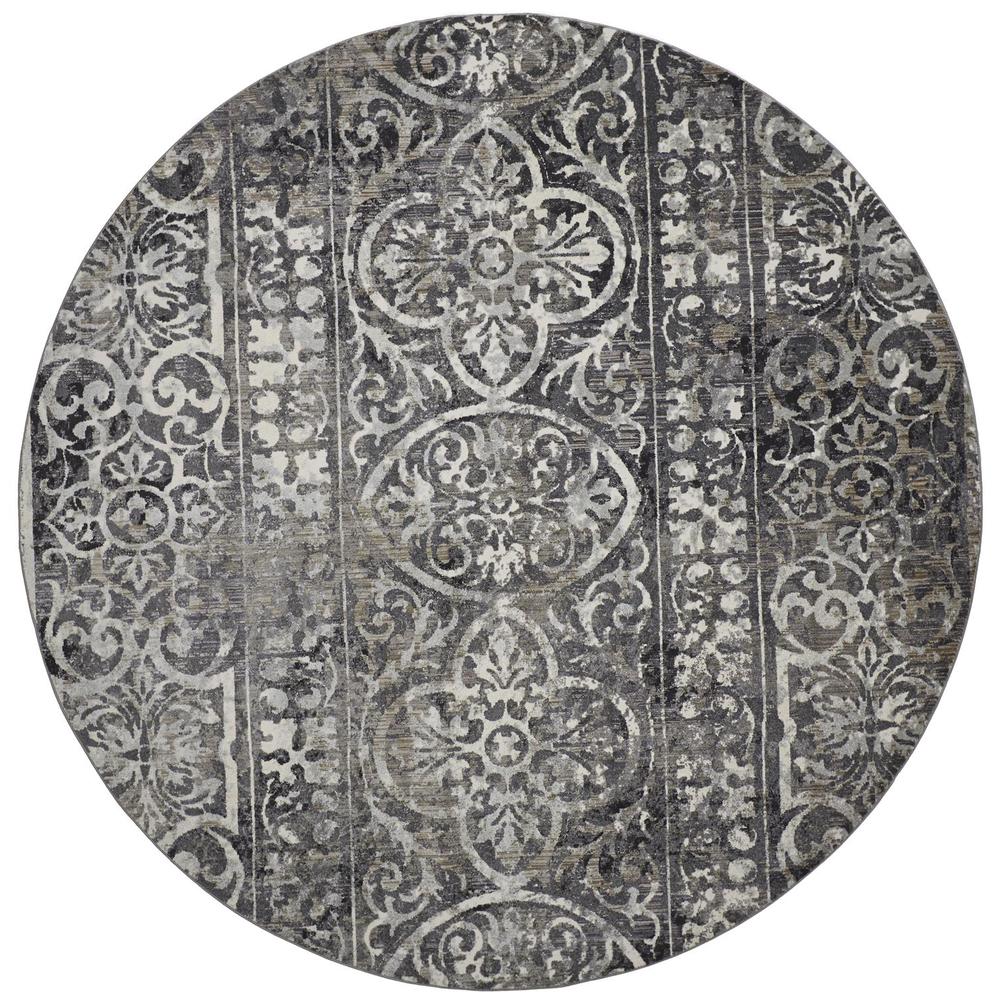 Kano Distressed Geometric FloralRug, Charcoal Gray, 8ft - 9in x 8ft - 9in Round, 8643871FCHLIVYN89. Picture 2
