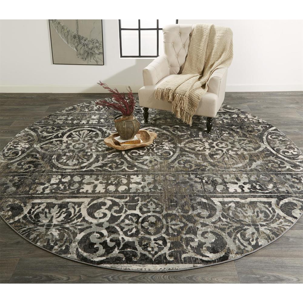 Kano Distressed Geometric FloralRug, Charcoal Gray, 8ft - 9in x 8ft - 9in Round, 8643871FCHLIVYN89. The main picture.