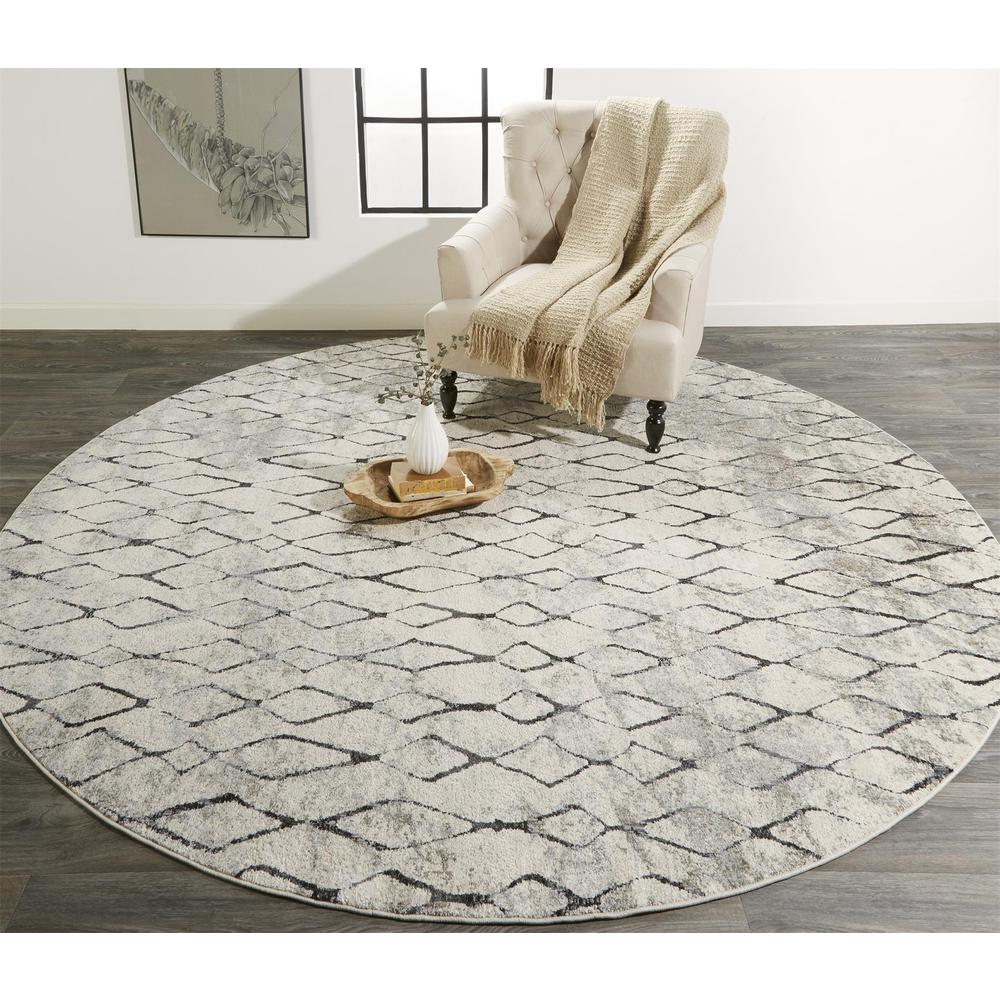 Kano Contemporary Distressed Rug, Ivory/Charcoal, 8ft - 9in x 8ft - 9in Round, 8643872FSNDCHLN89. Picture 1