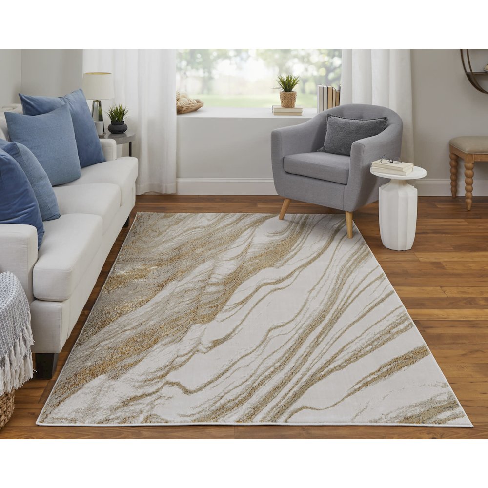 Aura Modern Abstract, Ivory/Taupe/Gold, 6'-7" x 9'-6" Area Rug. Picture 2