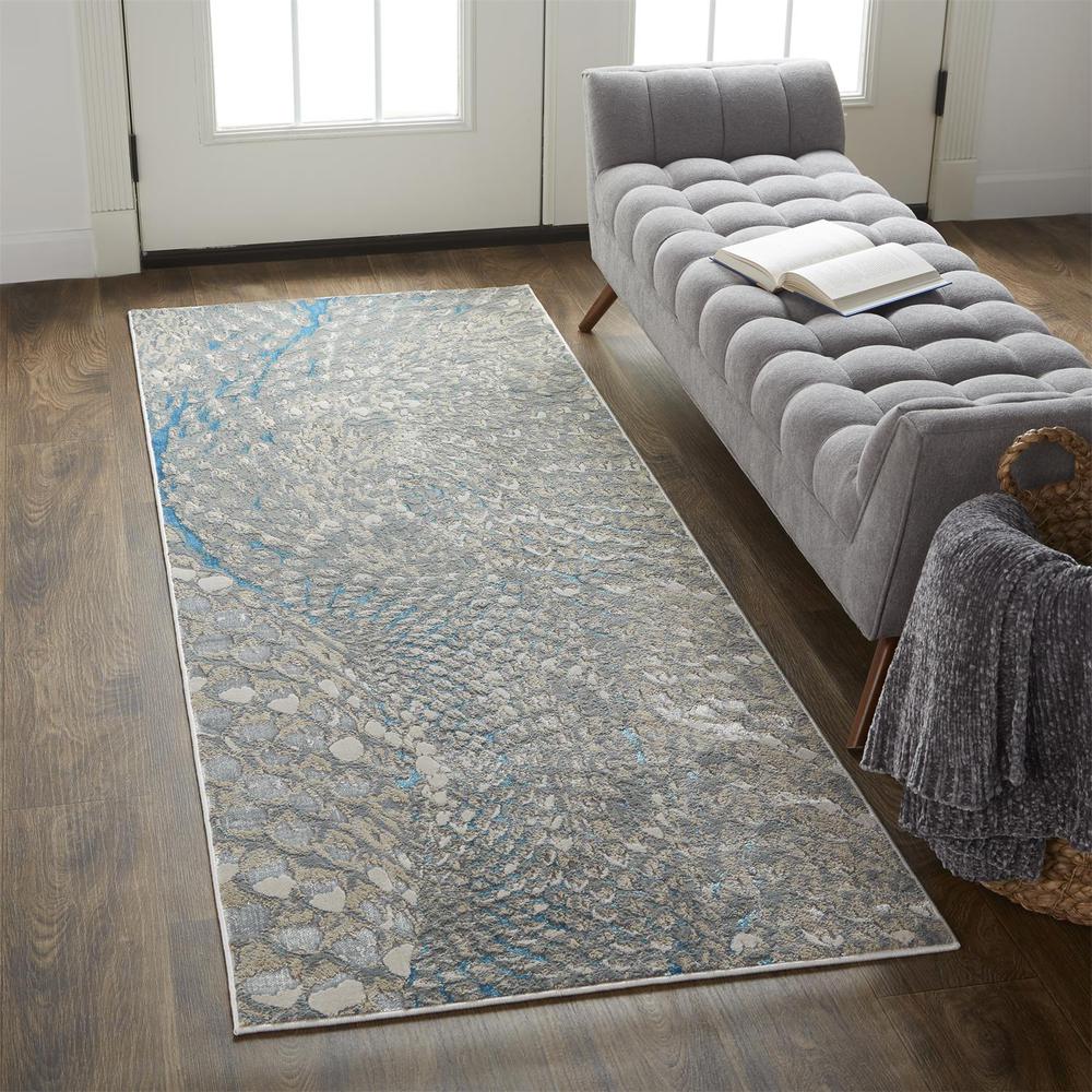 Azure Abstract Feather Rug, Teal/Gray/Silver, 2ft - 10in x 7ft - 10in, Runner, AZR3403FBLUSLVI71. Picture 1