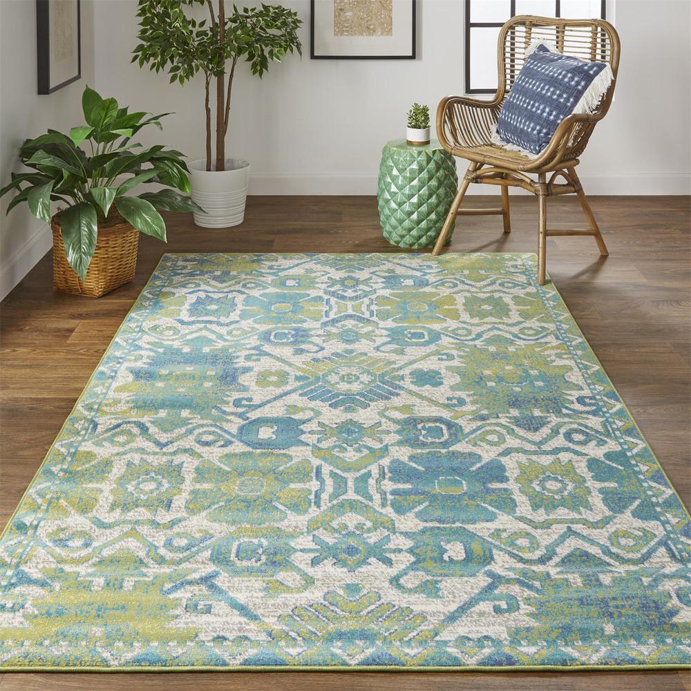 Foster Modern Style Slavic Kilim Rug, Citron Green/Teal/Tan, 10ft x 13ft-2in, FST3758FGRNBGEH13. Picture 1