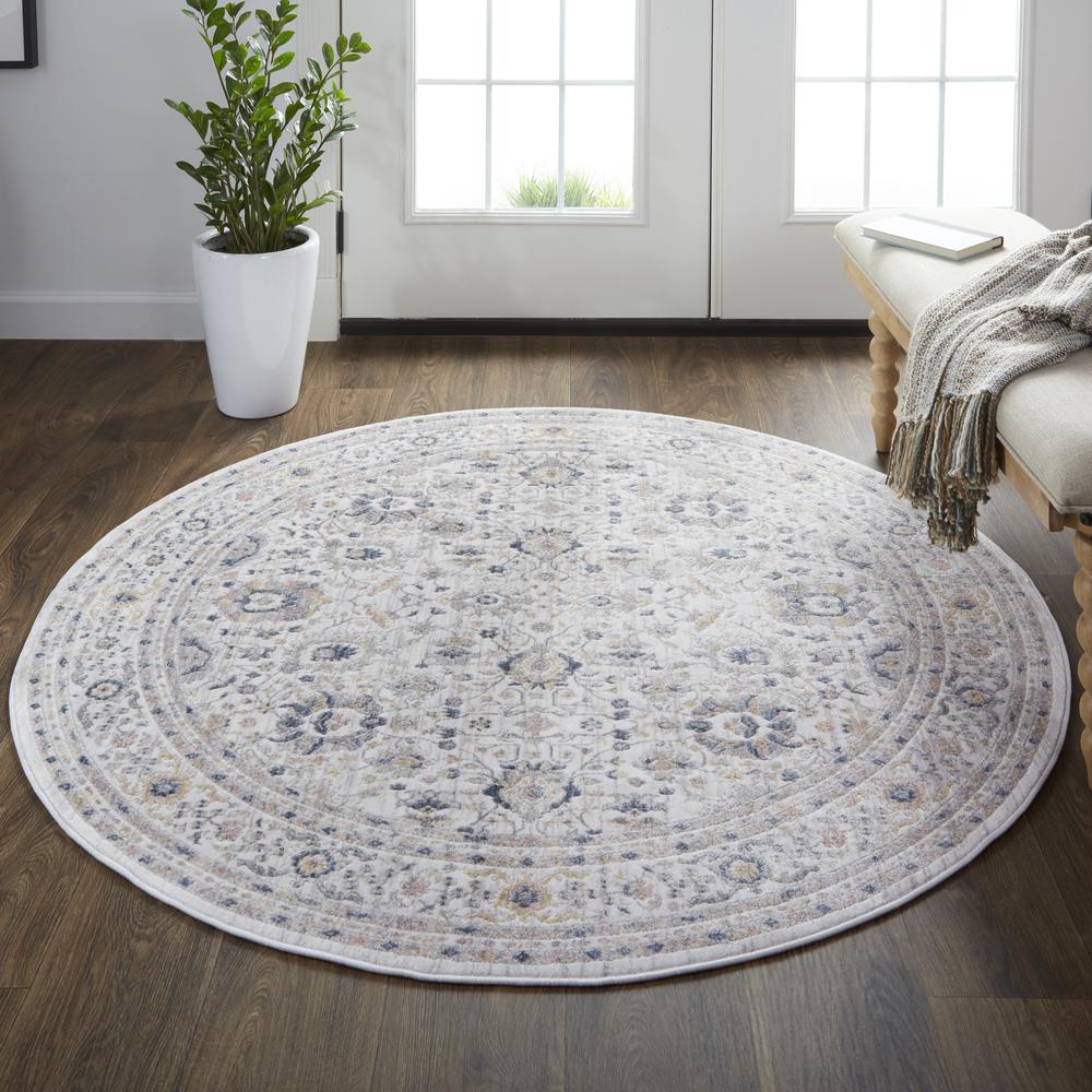 Kyra Geometric Floral Rug, Ivory/Indigo/Gold, 5ft - 6in x 5ft - 6in Round, KYR3854FGRYBLUN55. Picture 1