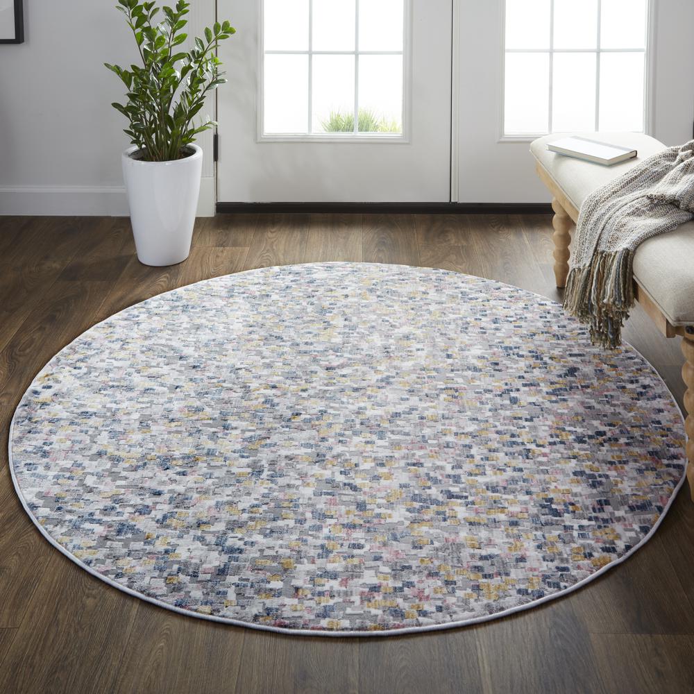 Kyra Mosaic Abstract Rug, Gray/Gold/Blue, 5ft - 6in x 5ft - 6in Round, KYR3855FIVYBLUN55. Picture 1