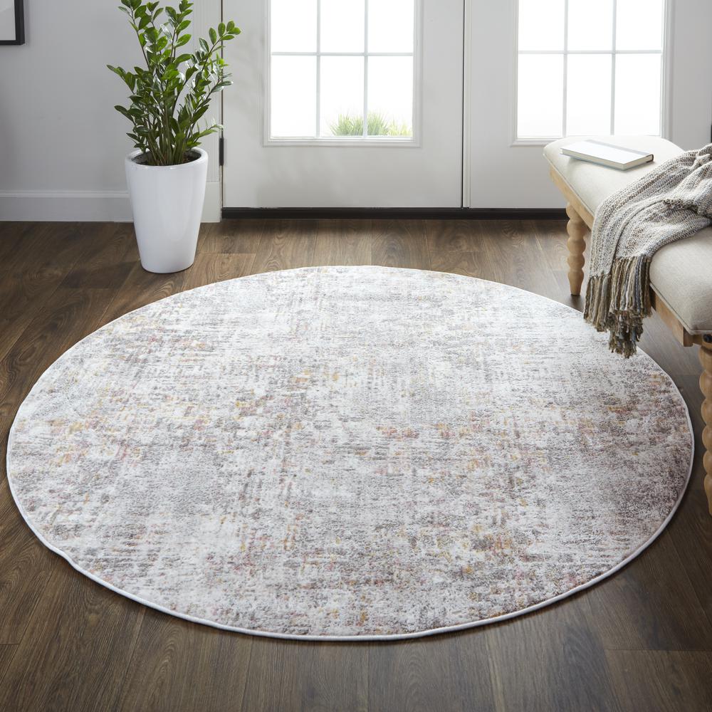 Kyra Distressed Abstract Rug, Gray/Ivory/Gold, 5ft - 6in x 5ft - 6in Round, KYR3856FGRYBGEN55. The main picture.