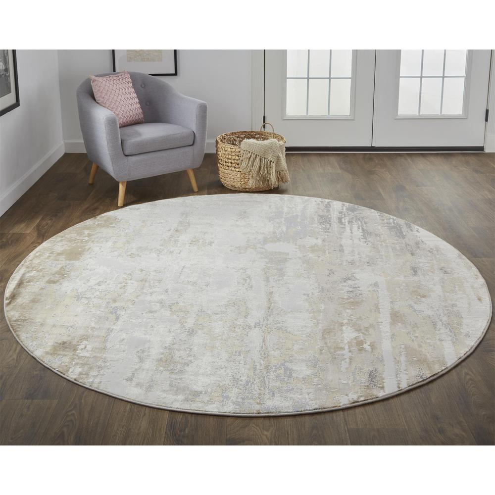 Frida Distressed Abstract Watercolor Rug, Ivory/Brown, 7ft-9in x 7ft-9in Round, PRK3709FGRYBGEN97. Picture 1