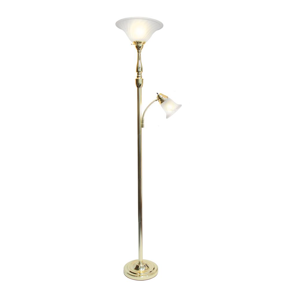 Torchiere Floor Lamp with Reading Light and Marble Glass Shades, Gold. Picture 2