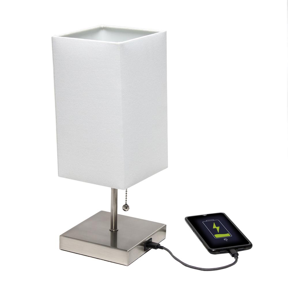 Petite Stick Lamp with USB Charging Port and Fabric Shade, White. Picture 6