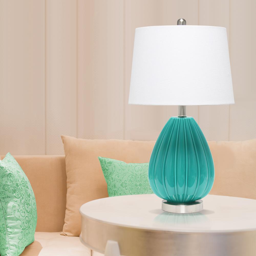Pleated Table Lamp with White Fabric Shade, Teal. Picture 12
