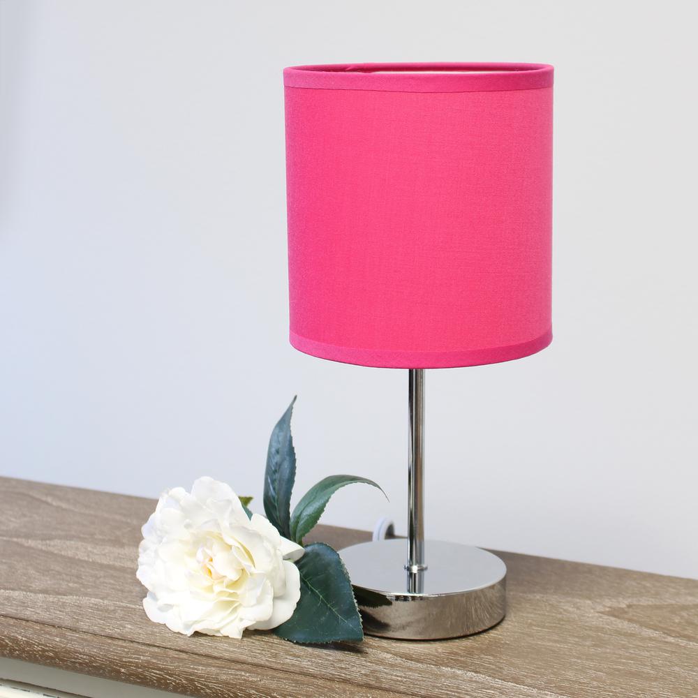 Simple Designs Chrome Mini Basic Table Lamp with Fabric Shade 2 Pack Set, Hot Pink