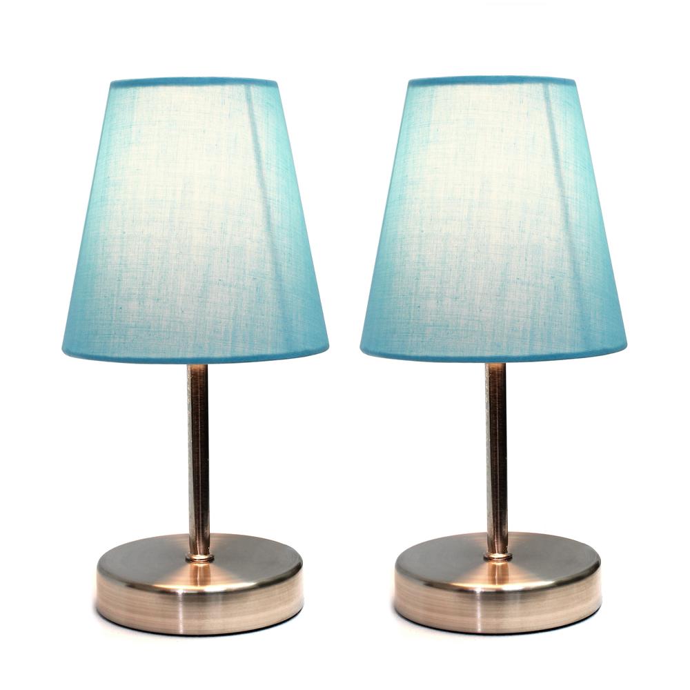Simple Designs Sand Nickel Mini Basic Table Lamp with Fabric Shade 2 Pack Set, Blue