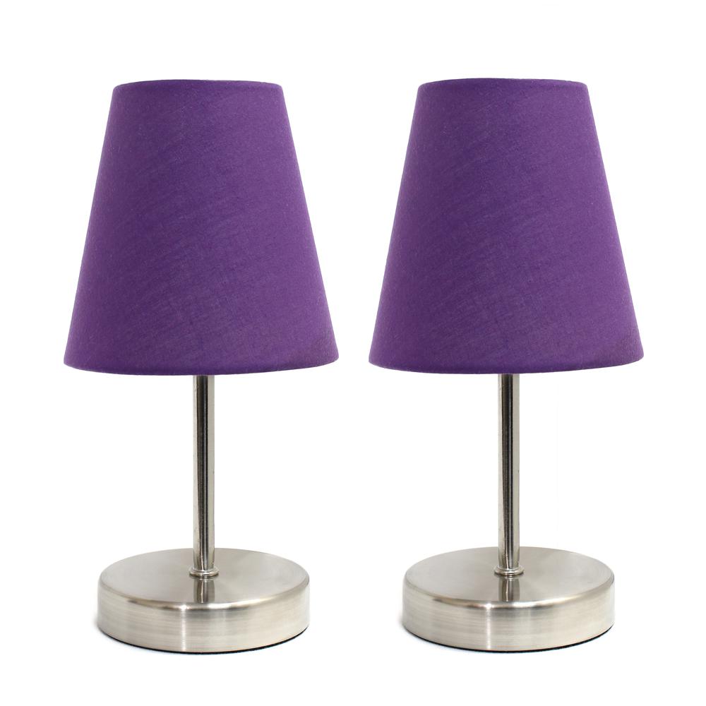 Simple Designs Sand Nickel Mini Basic Table Lamp with Fabric Shade 2 Pack Set, Purple