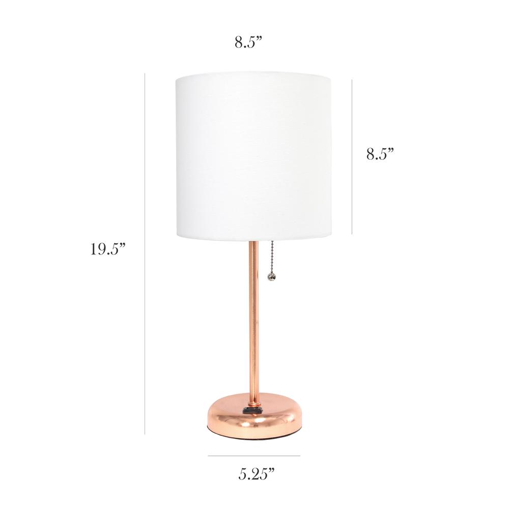 Rose Gold Stick Lamp with Charging Outlet and Fabric Shade. Picture 14