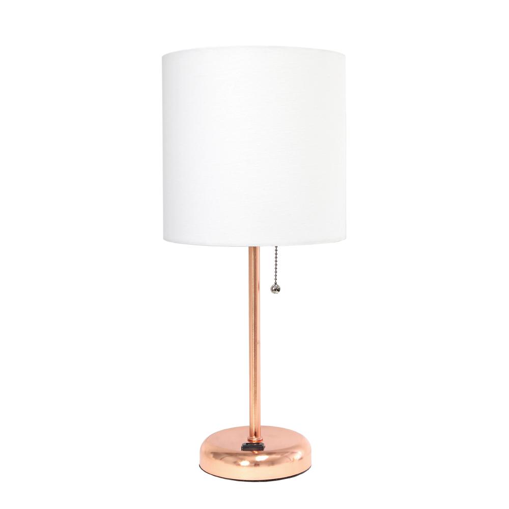 Rose Gold Stick Lamp with Charging Outlet and Fabric Shade. Picture 17