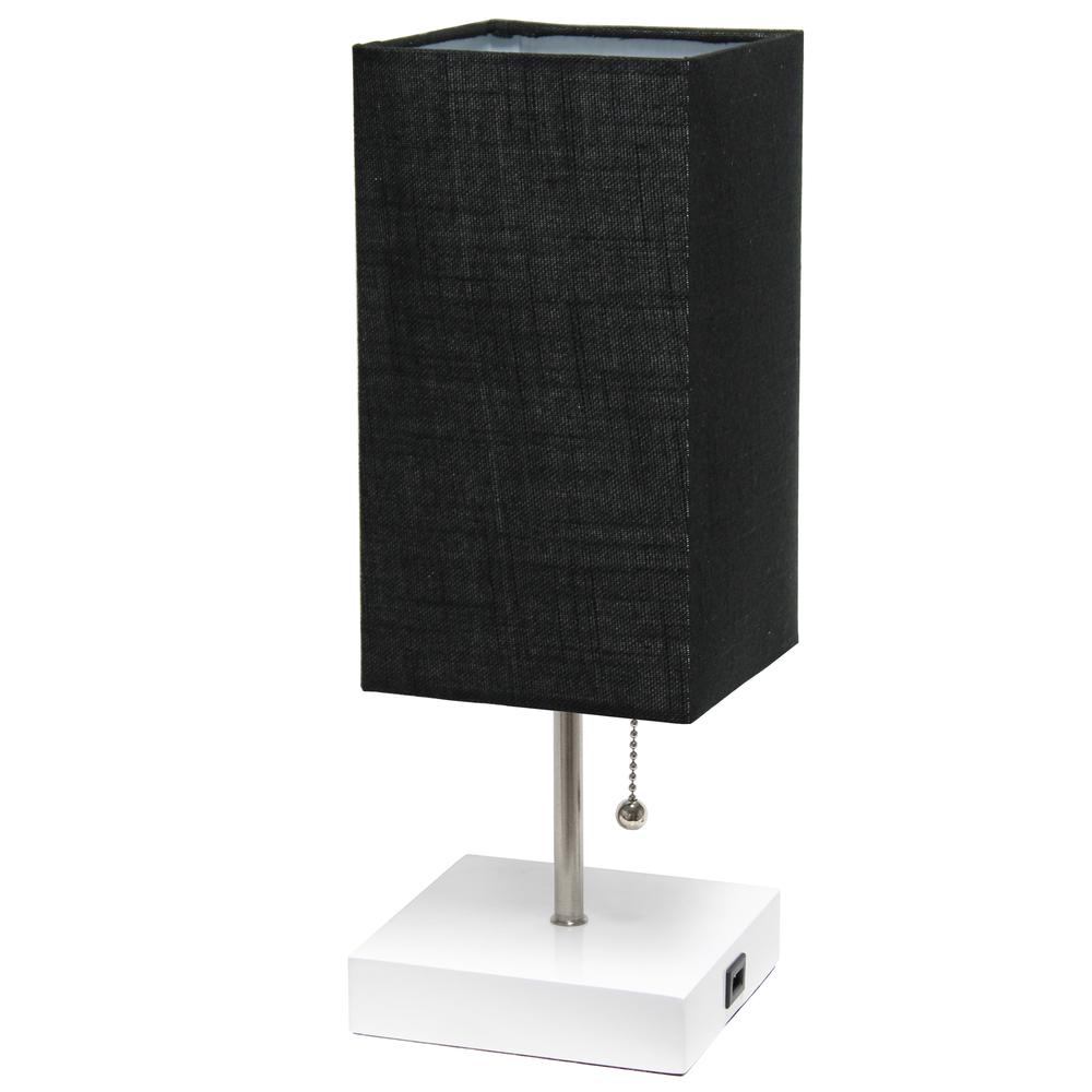 Petite White Stick Lamp with USB Charging Port and Fabric Shade, Black. Picture 1