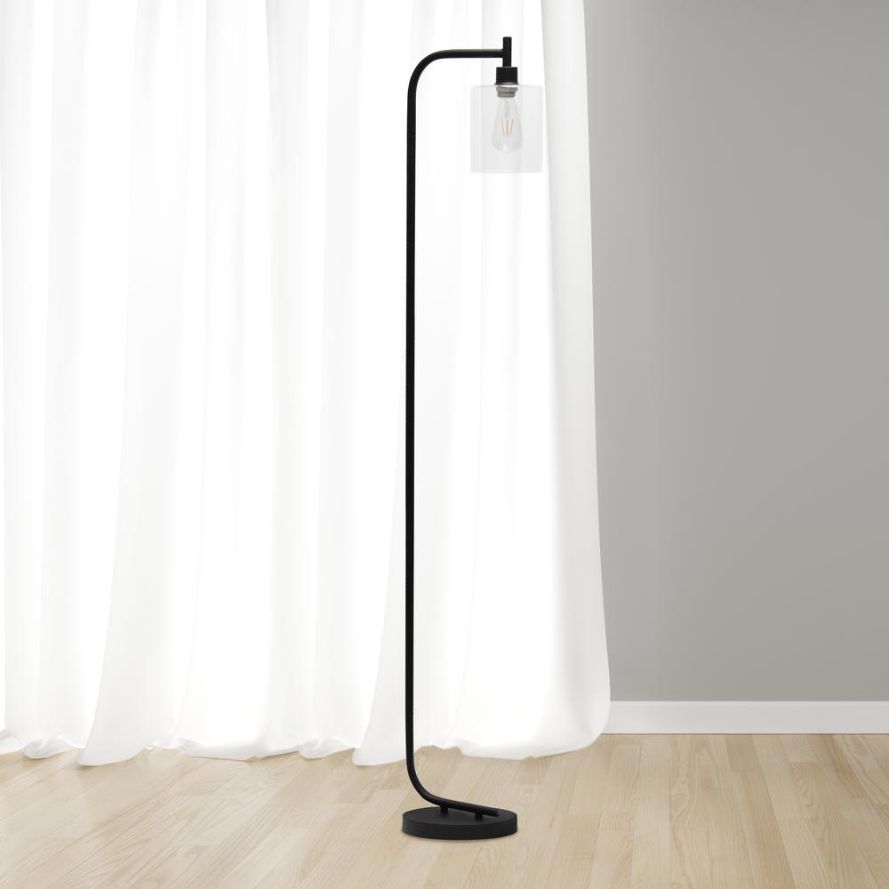 Modern Iron Lantern Floor Lamp with Glass Shade, Black. Picture 3