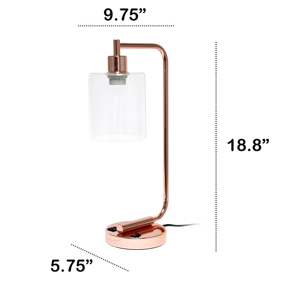 Modern Iron Desk Lamp with USB Port and Glass Shade, Rose Gold. Picture 3